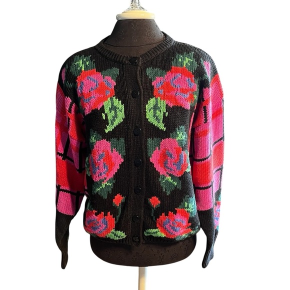 Vintage Gallagher Intarsia Knit Floral Cardigan Medium 1980s Shoulder Pads - Picture 8 of 9
